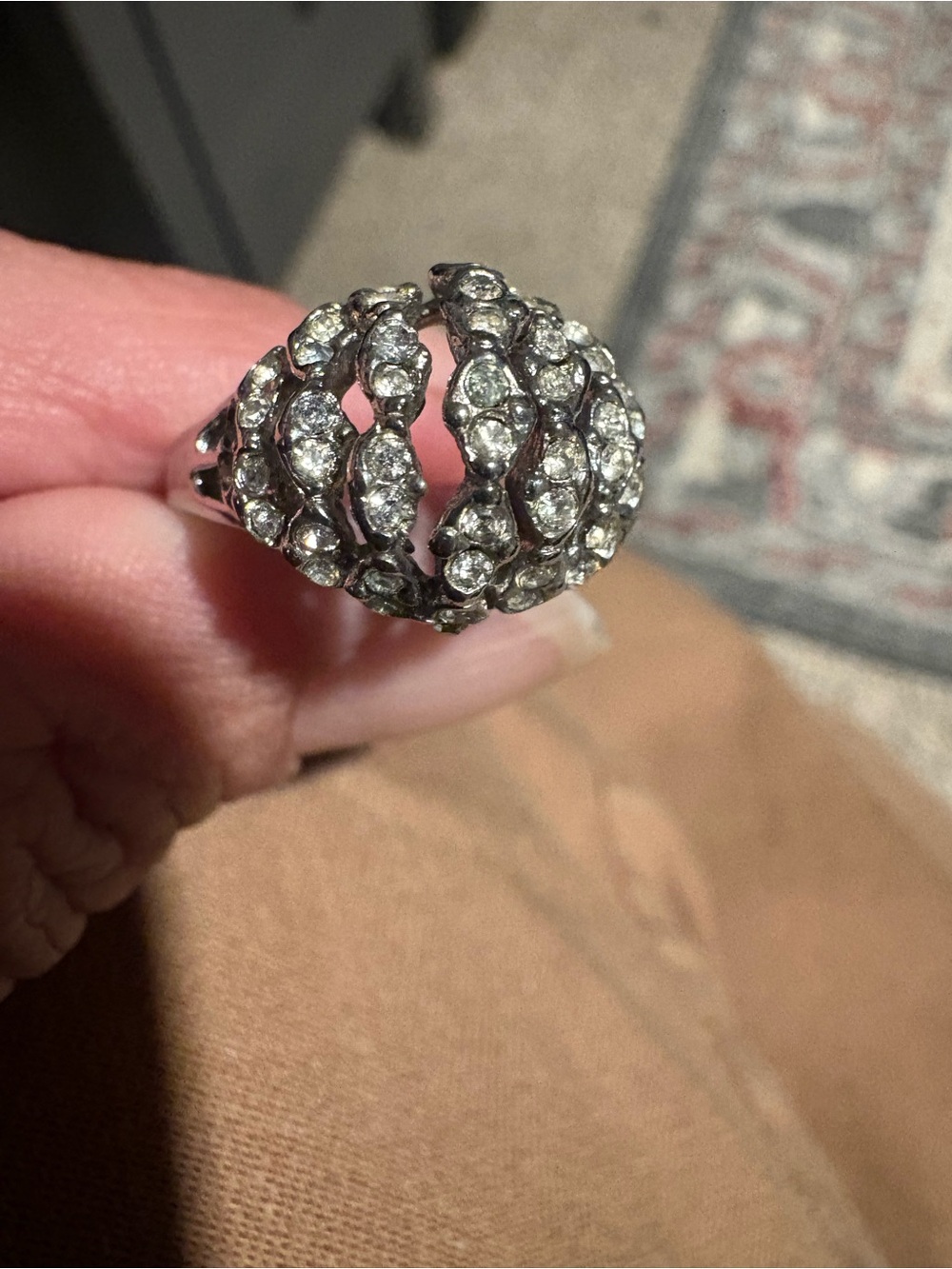 Vintage Silver Crystal Dome Cocktail Ring - Sparkling Clear Stones